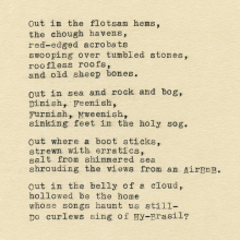Donal Kelly, poem, "Out in the flotsam hems"