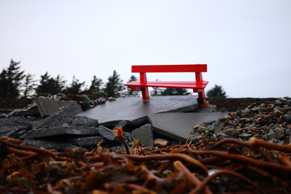 A bench in Spiddal after a storm